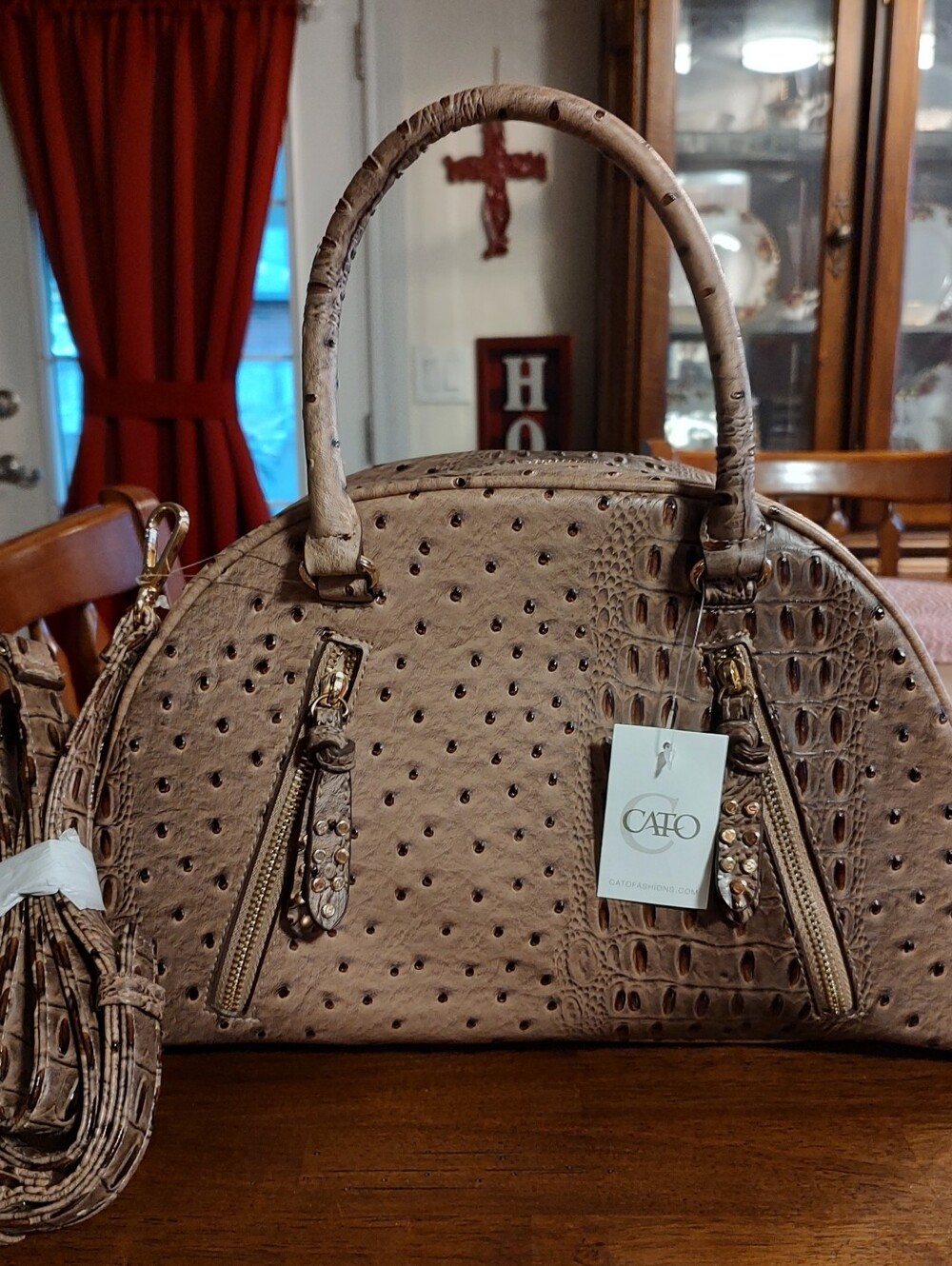 Cato Taupe Faux-Ostrich Dome Satchel with Gold Accents